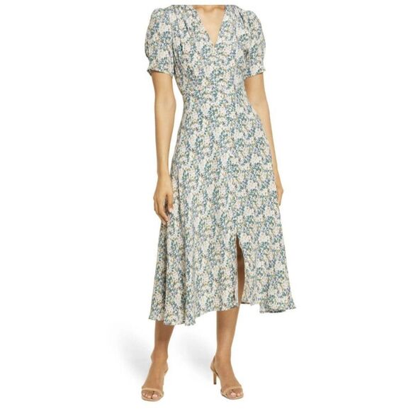 Floret Studios Multi Floral Midi 90s Teal Dress Buttons Large - Picture 1 of 9